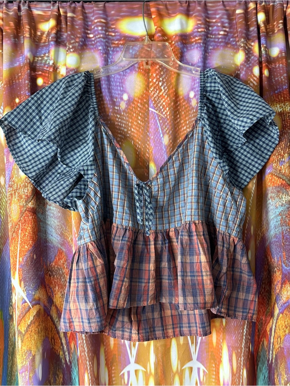 American Eagle Plaid Ruffle Sleeve Peplum Top